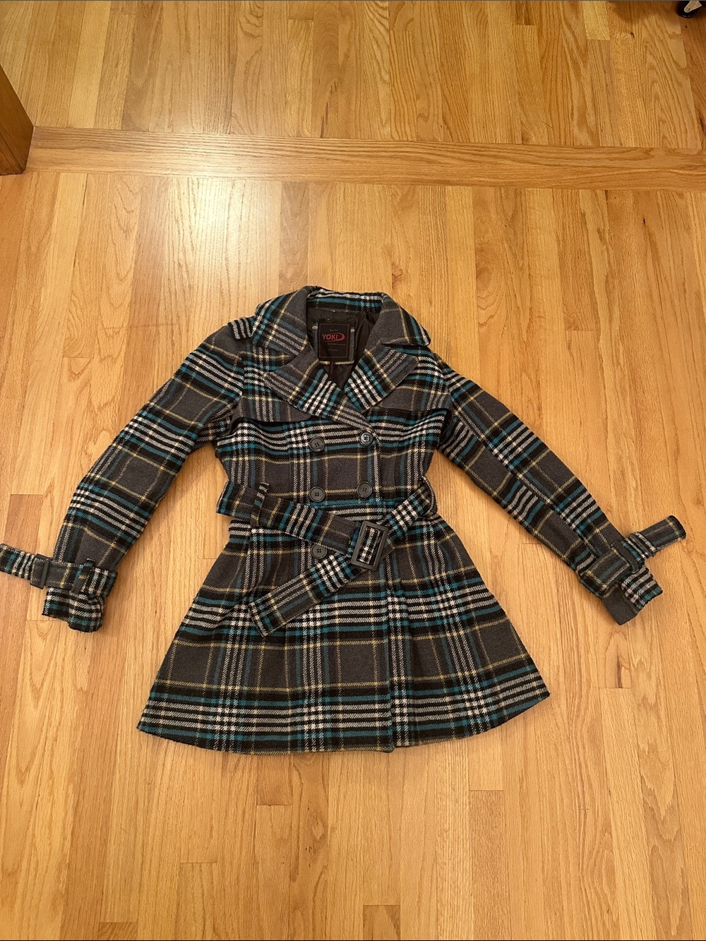 Yoki Plaid Belted Trench Coat in Gray and Blue